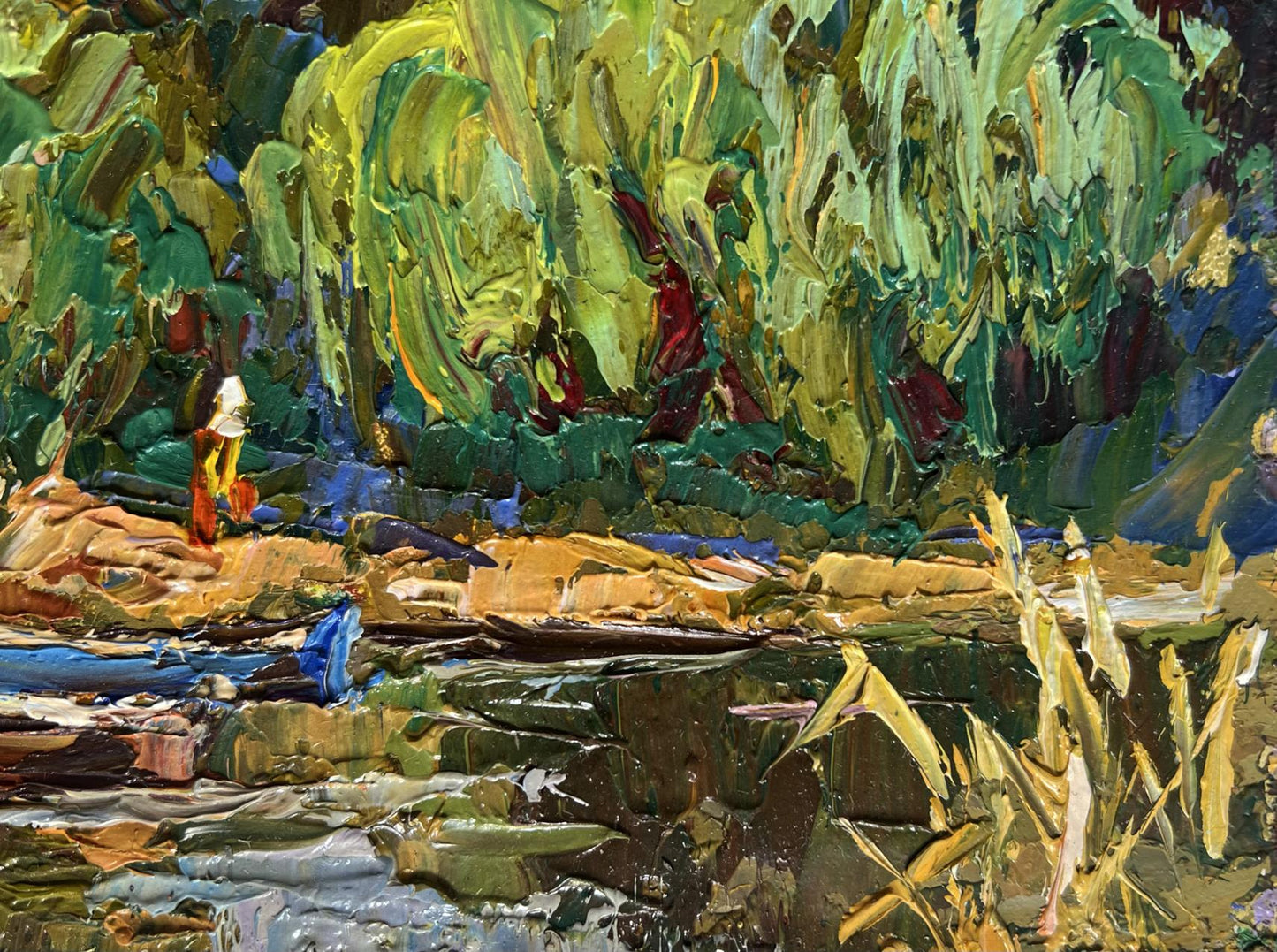 Vibrant impressionist oil painting of riverbank with red blue boat by Oleksiy Ivanyuk