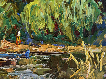 Vibrant impressionist oil painting of riverbank with red blue boat by Oleksiy Ivanyuk