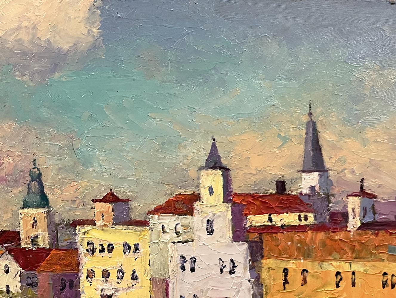 Oil painting of Italian coastal town by Serhiy Rybak with red roofs