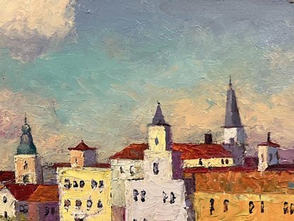 Oil painting of Italian coastal town by Serhiy Rybak with red roofs