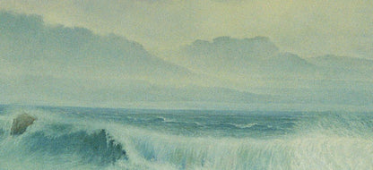 Oil painting of misty teal waves on seashore by Vasily Korkishko