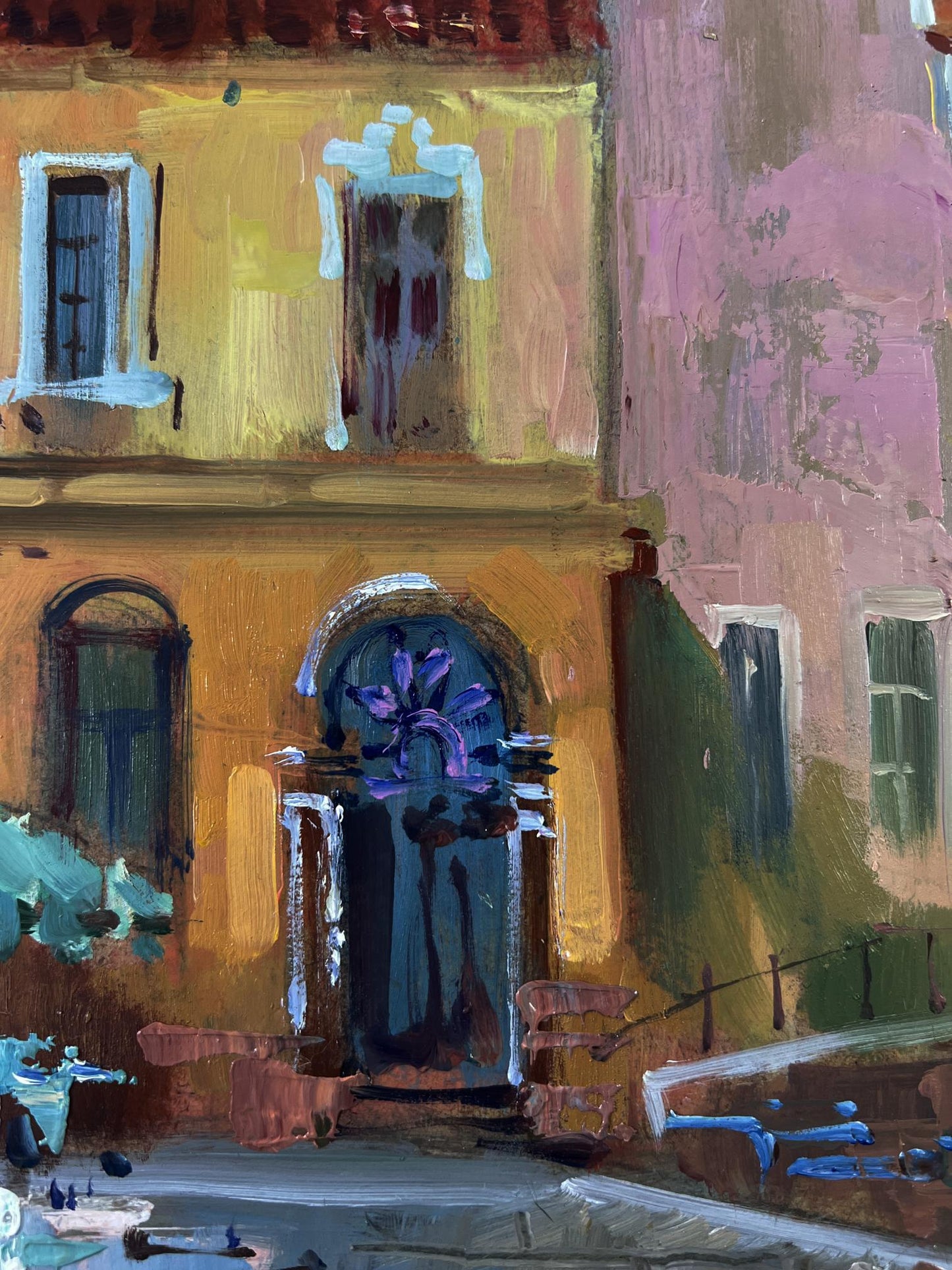 Vibrant oil painting by Yuriy Suprunchuk: sunlit city facade with boats