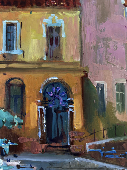 Vibrant oil painting by Yuriy Suprunchuk: sunlit city facade with boats