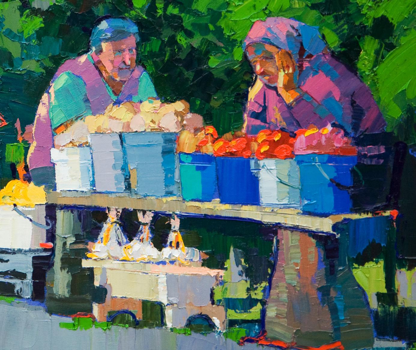 Oil painting of roadside bargaining by Natalia Korf-Ivaniuk: elderly vendors with produce