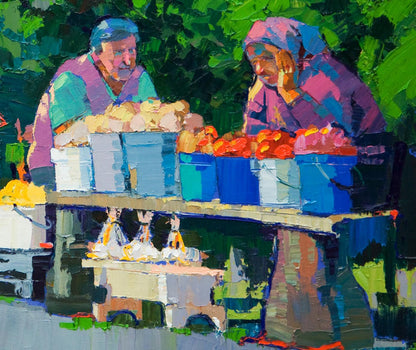 Oil painting of roadside bargaining by Natalia Korf-Ivaniuk: elderly vendors with produce