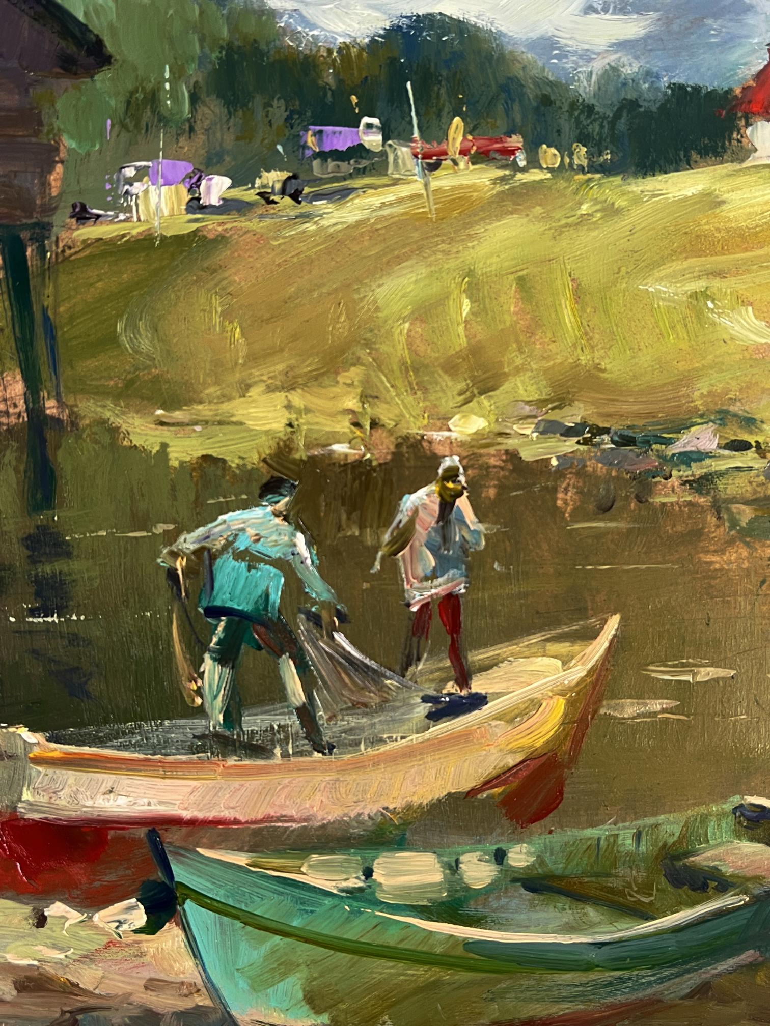 Oil painting of fishermen on wooden rowboat near Yuriy Suprunchuk village