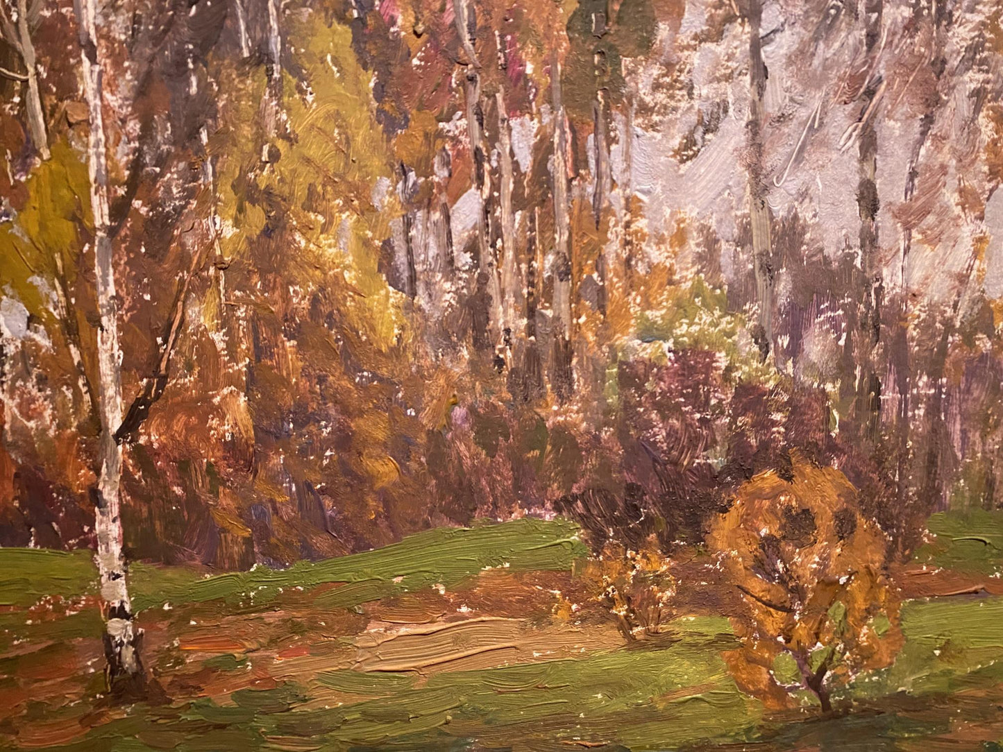 Oil painting Late fall Yuriy Zlyden: autumn birch forest in textured oils