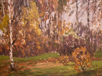 Oil painting Late fall Yuriy Zlyden: autumn birch forest in textured oils