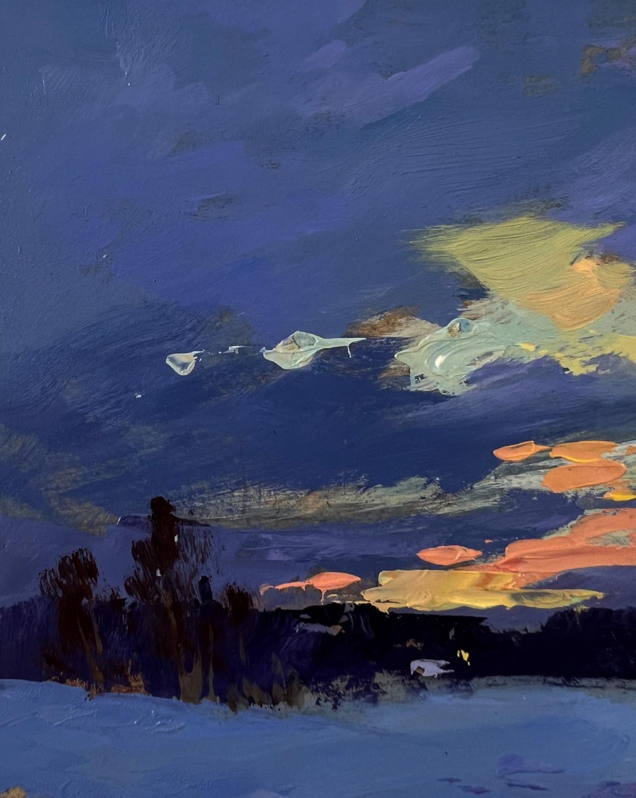 Textured oil painting of winter sunset by Yuriy Suprunchuk at twilight