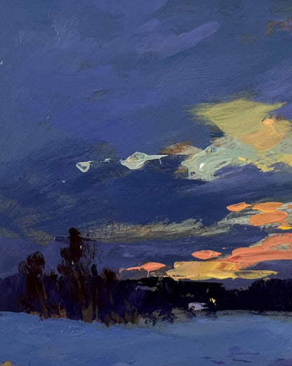 Textured oil painting of winter sunset by Yuriy Suprunchuk at twilight
