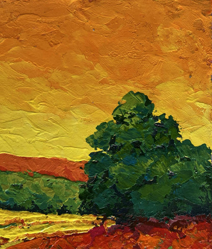 Oil painting Summer silence with sunset by V. Zadorozhnya, lush green tree