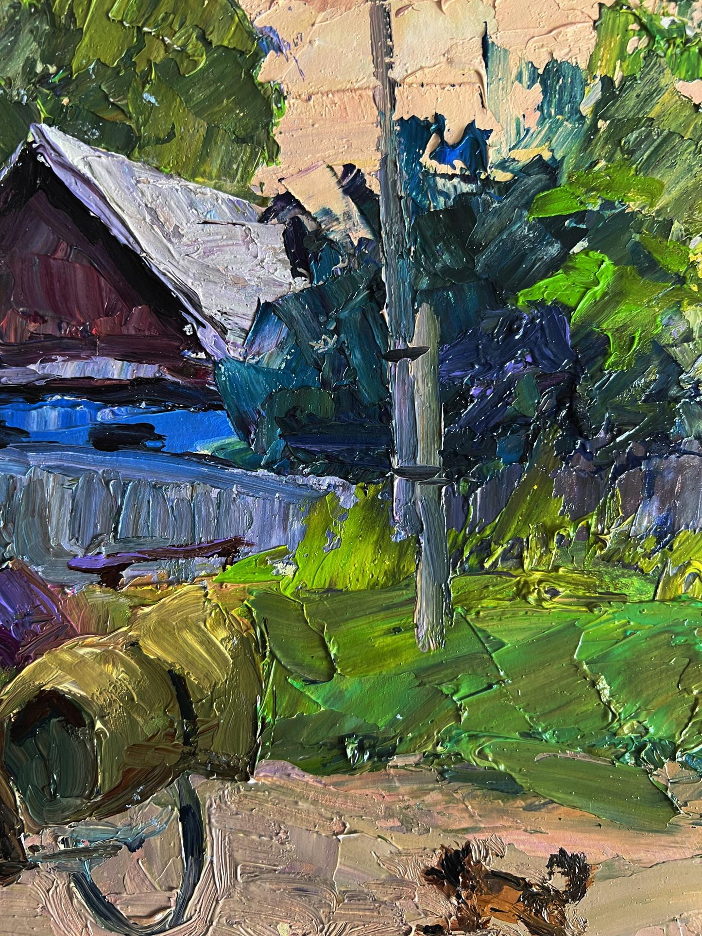 Oil painting Country life with a dog by Boris Serdyuk, rustic house in foliage