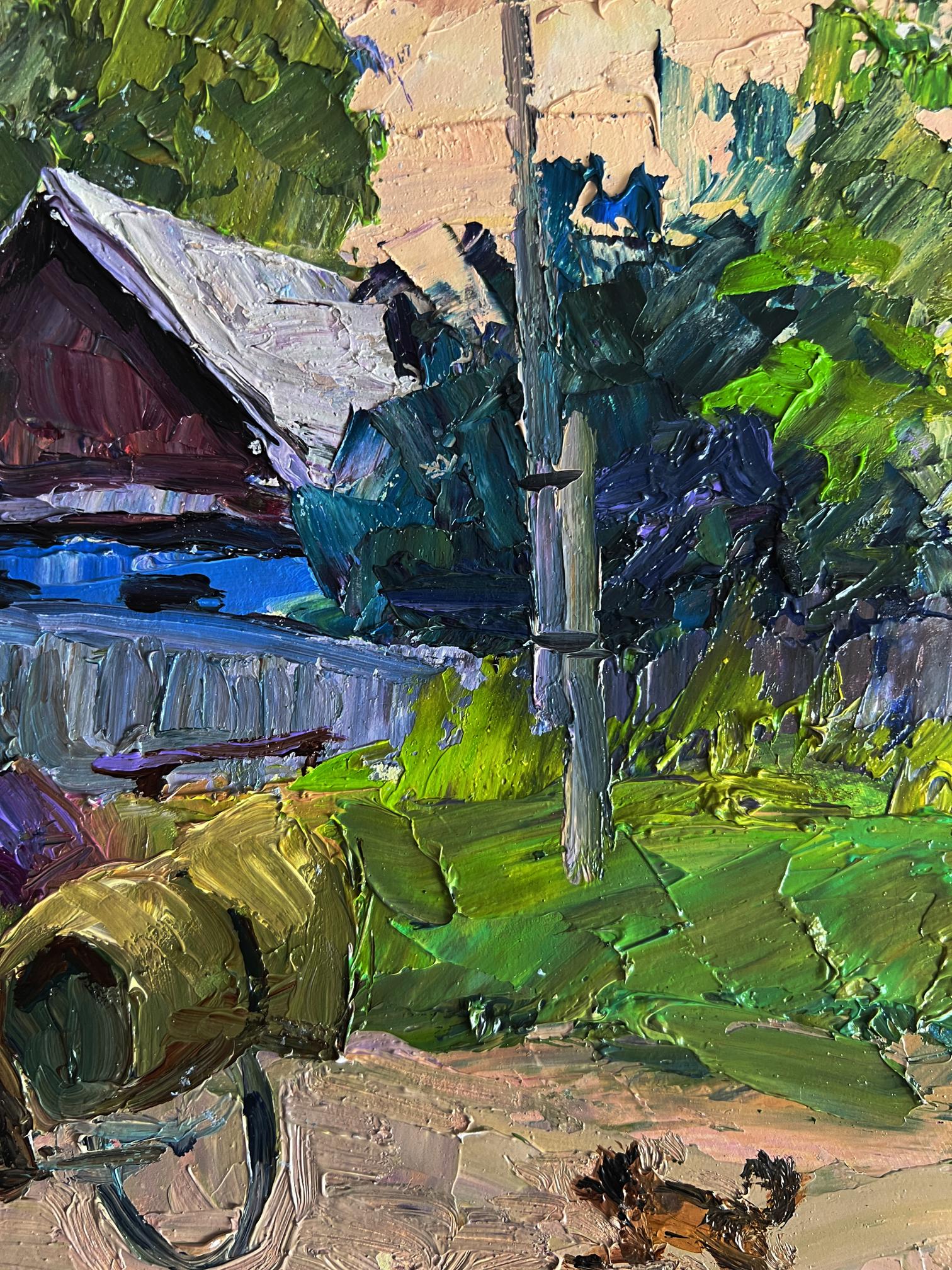 Oil painting Country life with a dog by Boris Serdyuk, rustic house in foliage