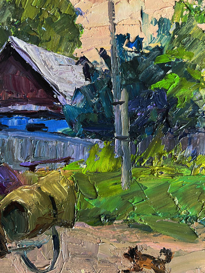 Oil painting Country life with a dog by Boris Serdyuk, rustic house in foliage