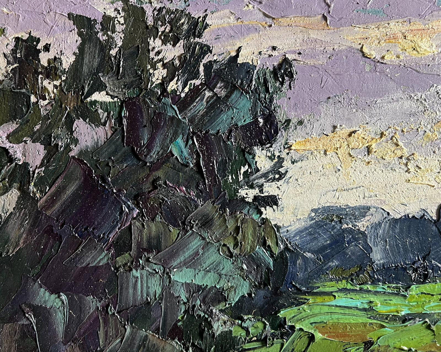 Oil painting In the evening on the meadow by Boris Serdyuk impasto greens purples