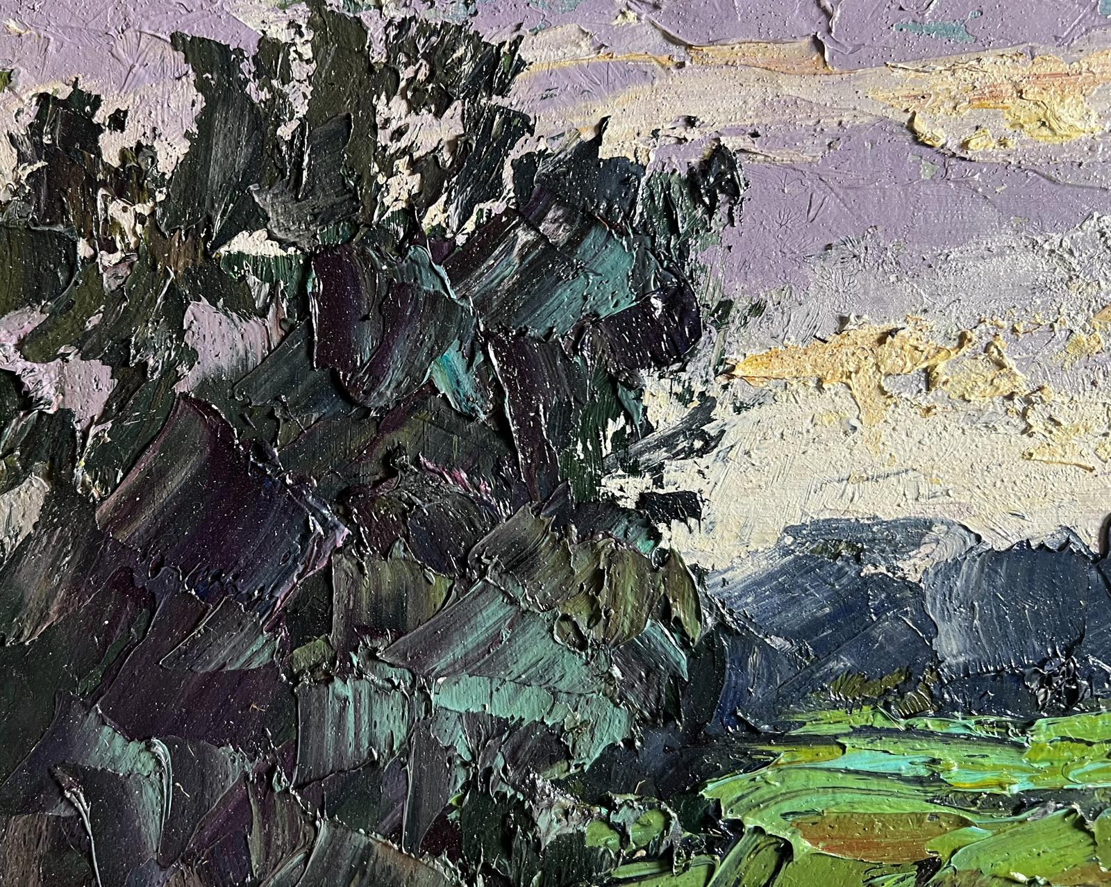Oil painting In the evening on the meadow by Boris Serdyuk impasto greens purples
