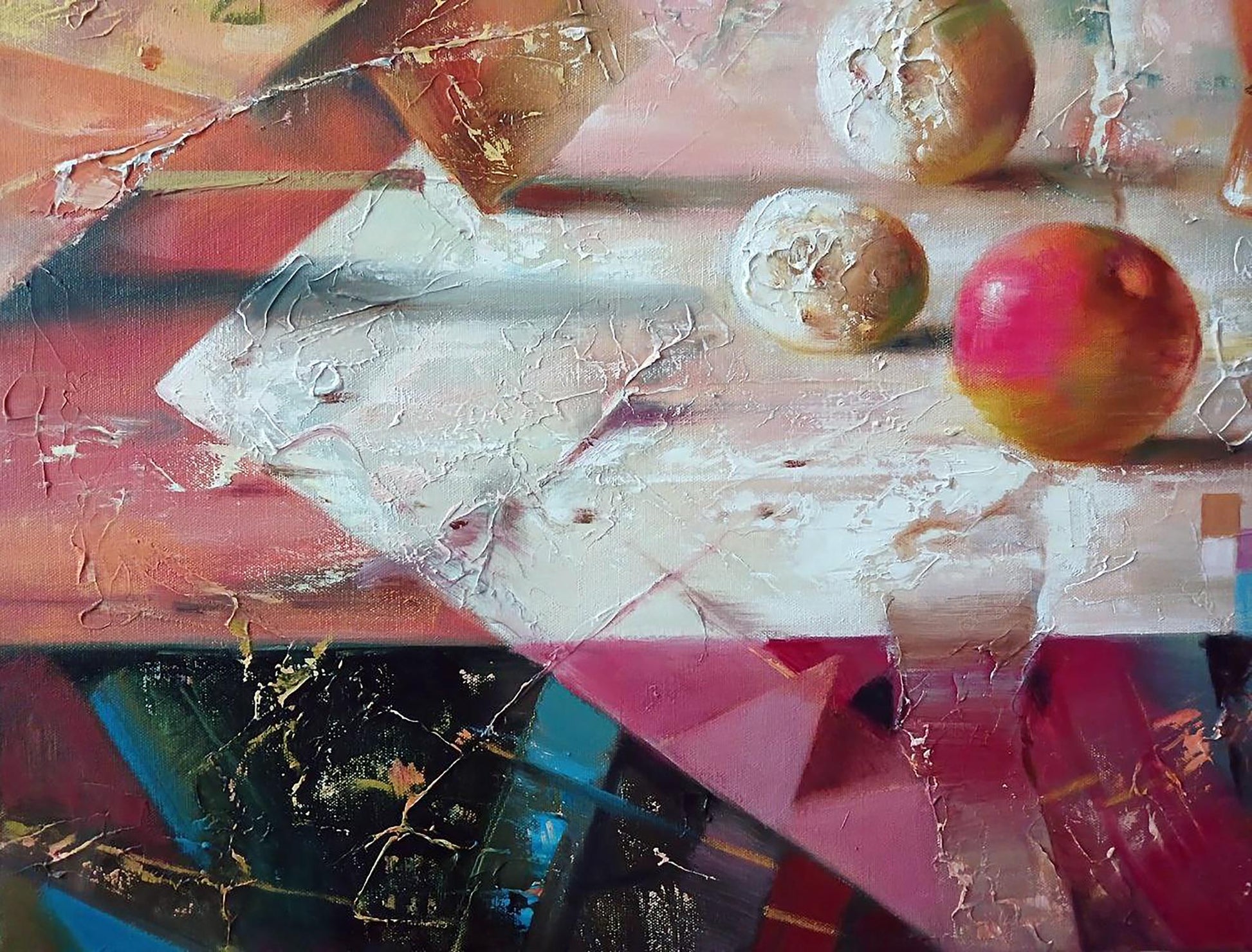 Abstract oil painting Thaw by Anatoly Tarabanov: vibrant red yellow fruit on textured pink gold surface