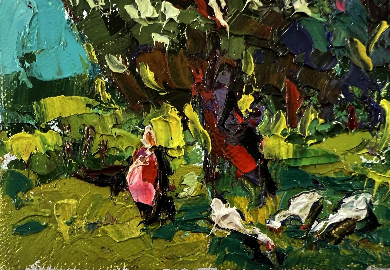 Vibrant impressionist oil painting of flowering chestnut trees by Oksana Ivanyuk