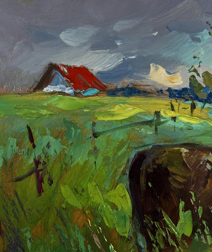 Oil painting of cows in flower field by Yuriy Suprunchuk, red-roofed farmhouse
