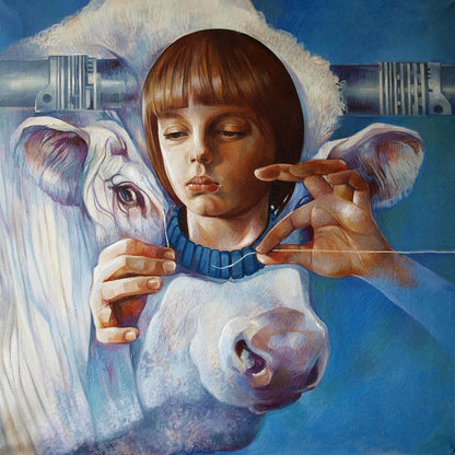 Surreal oil painting by Dharma Konsta G. Amelinn: girl threading needle through white cows nose