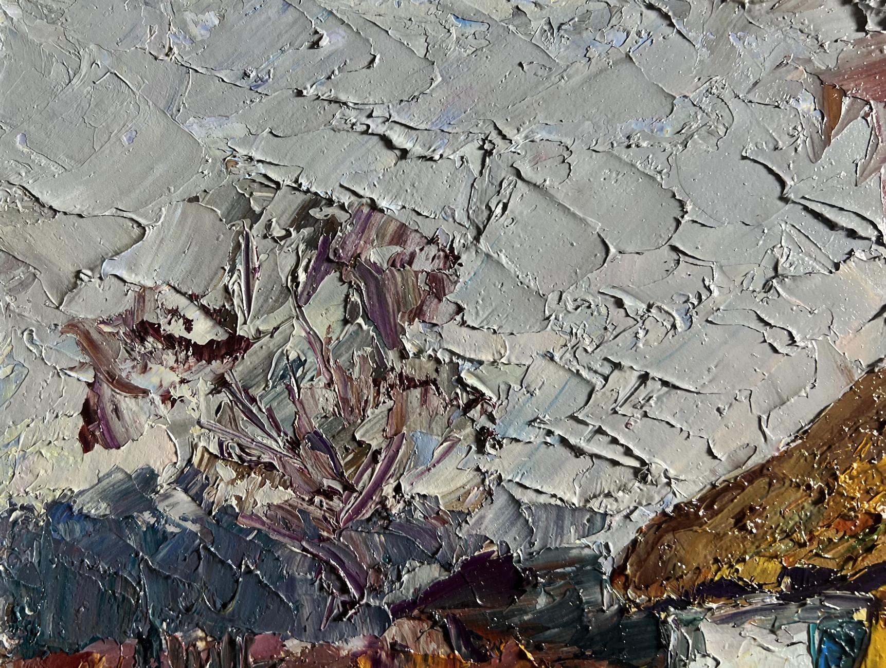 Oil painting Geese in the Yard by Boris Serdyuk with impasto grays