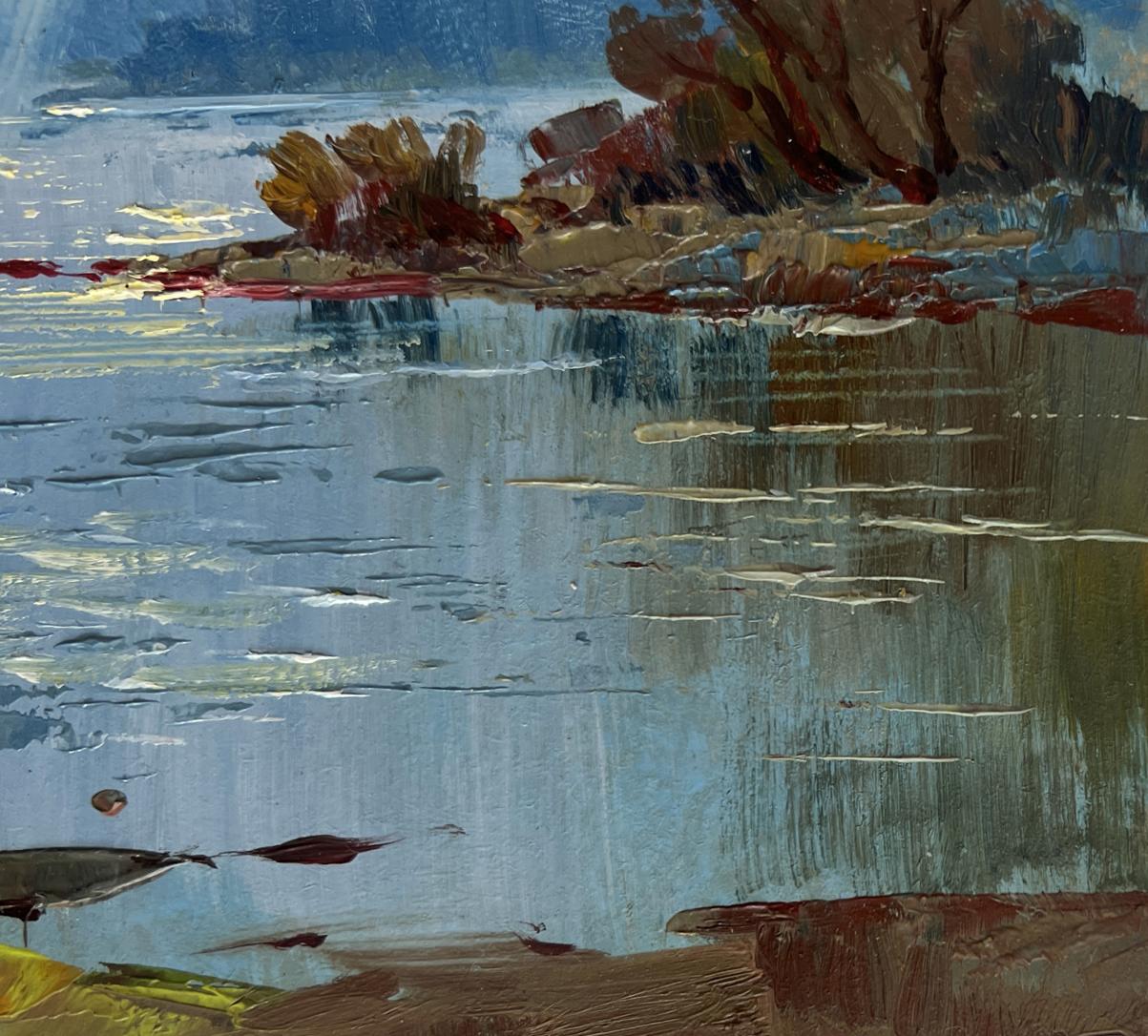 Oil painting of sun rays through clouds over tranquil lake by Yuriy Suprunchuk