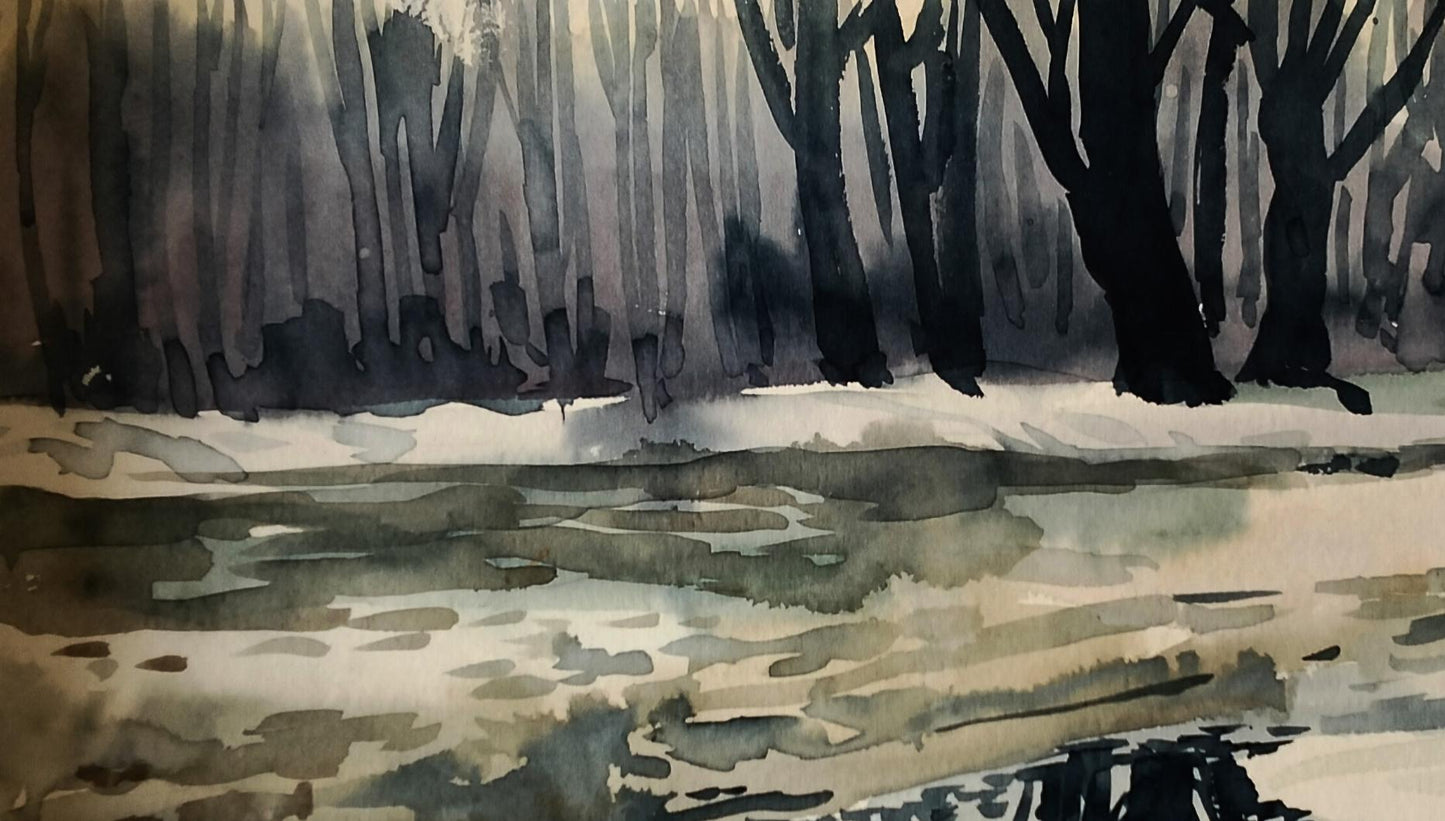 Watercolor painting of snowy forest by Vitaly Duhnevich, Winter leaves its last trace