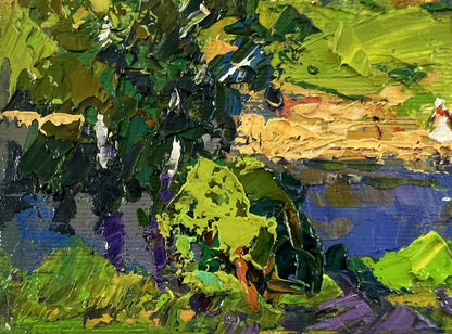 Vibrant impressionist oil painting Haystacks by the River by Oksana Ivanyuk