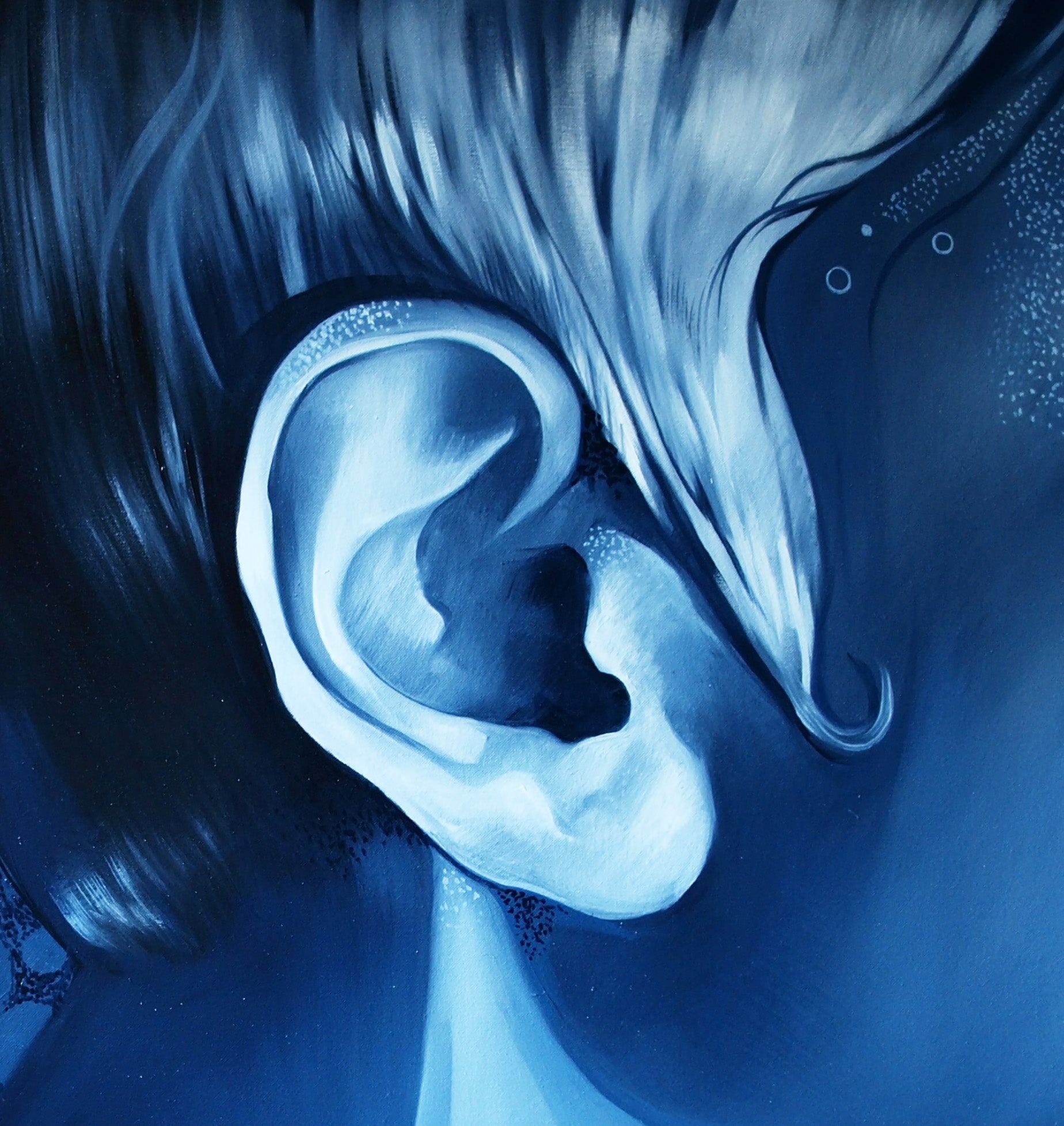 Stylized blue-toned oil painting Before pleasure Konsta G. Amelinn of human ear with flowing hair