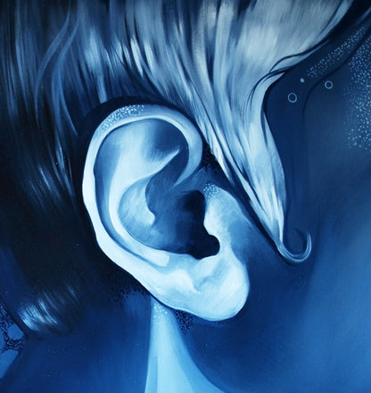 Stylized blue-toned oil painting Before pleasure Konsta G. Amelinn of human ear with flowing hair