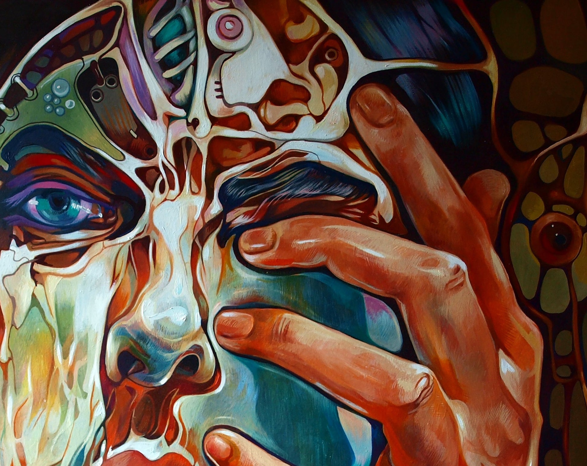 Vibrant abstract oil portrait by Konsta G. Amelinn in teal, orange, white
