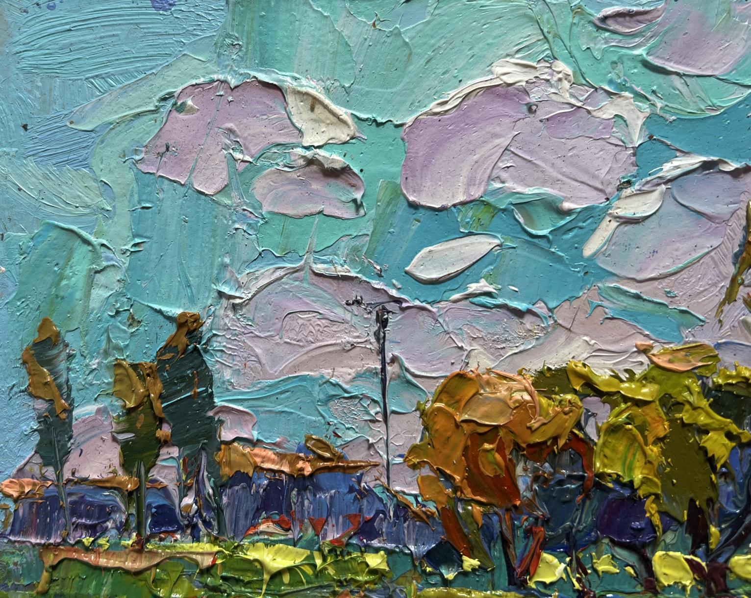 Oil painting Near the village lake by Oksana Ivanyuk with teal clouds