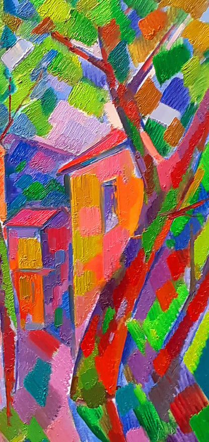 Vibrant oil painting Houses through the trees by Peter Dobrev with bold textured brushstrokes