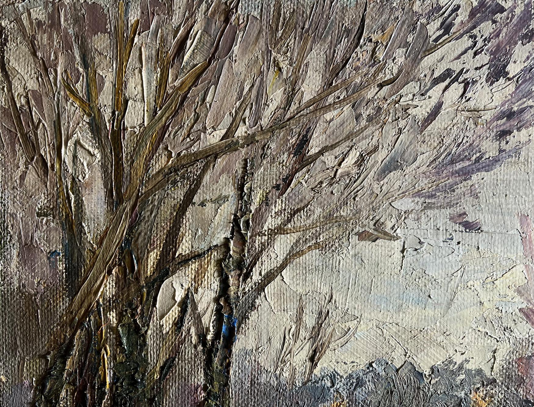 Oil painting Warm autumn days by Boris Serdyuk bare tree in browns grays