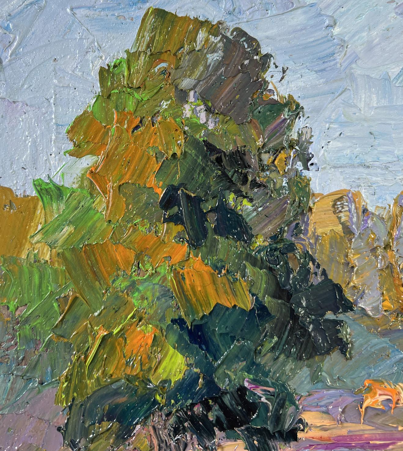 Oil painting of cows on pasture by Boris Serdyuk with textured tree