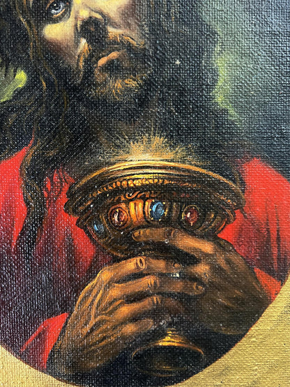Oil painting of Jesus holding ornate golden chalice with gems by Alexander Litvinov