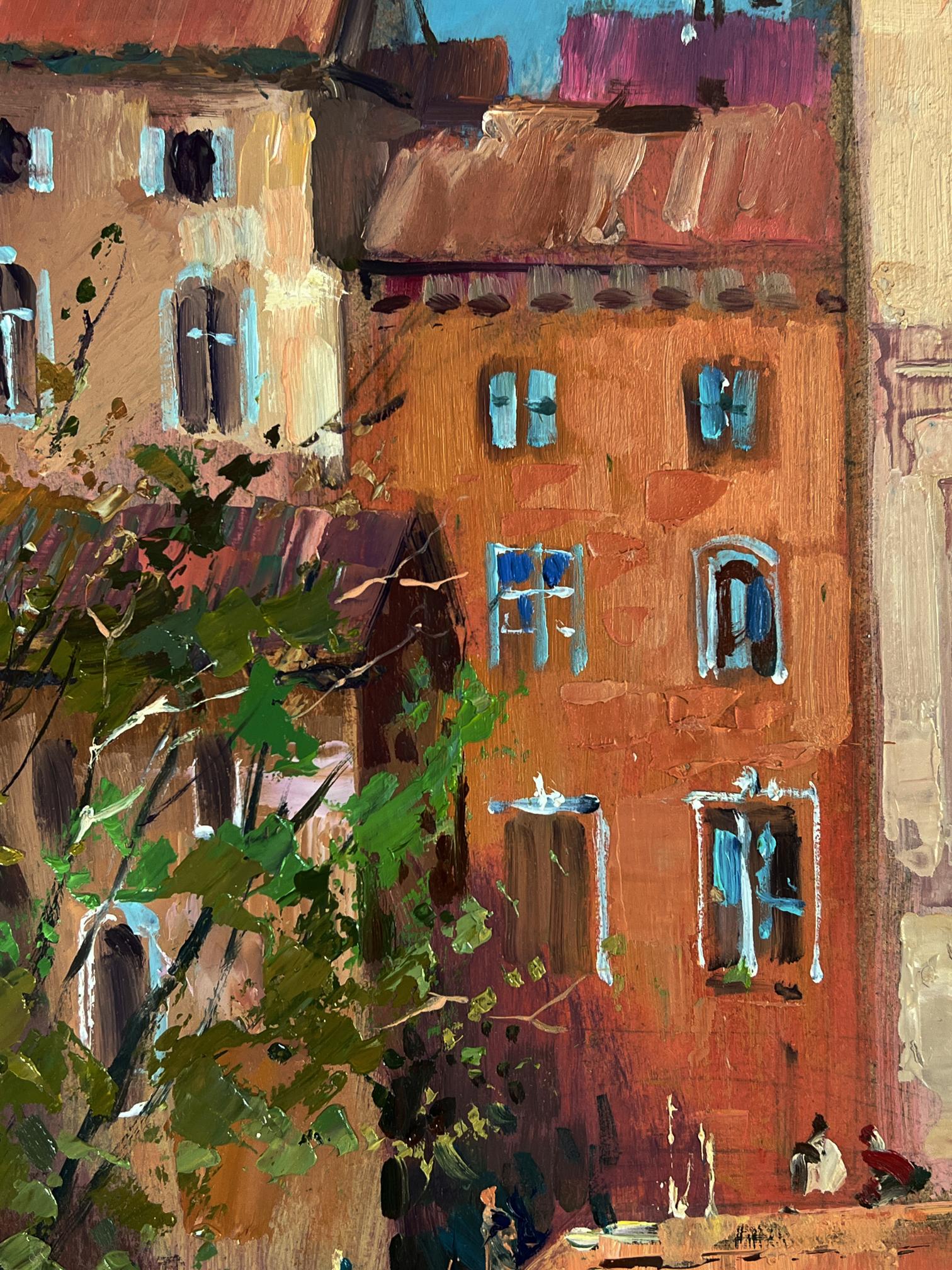 Oil painting of vibrant orange brick city with river by Yuriy Suprunchuk