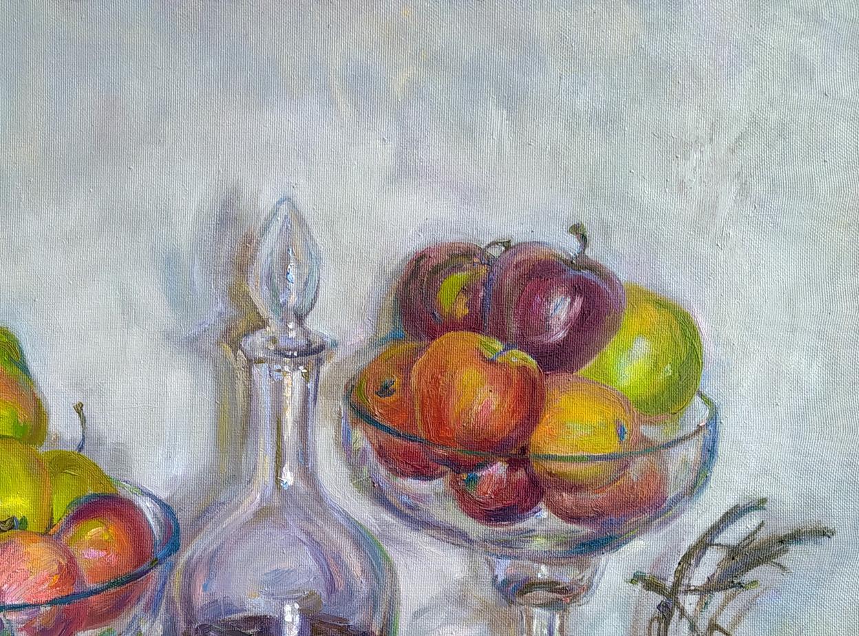 Oil painting of colorful red green yellow apples in glass bowl by Leonid Pavlenko