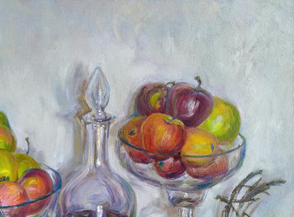 Oil painting of colorful red green yellow apples in glass bowl by Leonid Pavlenko