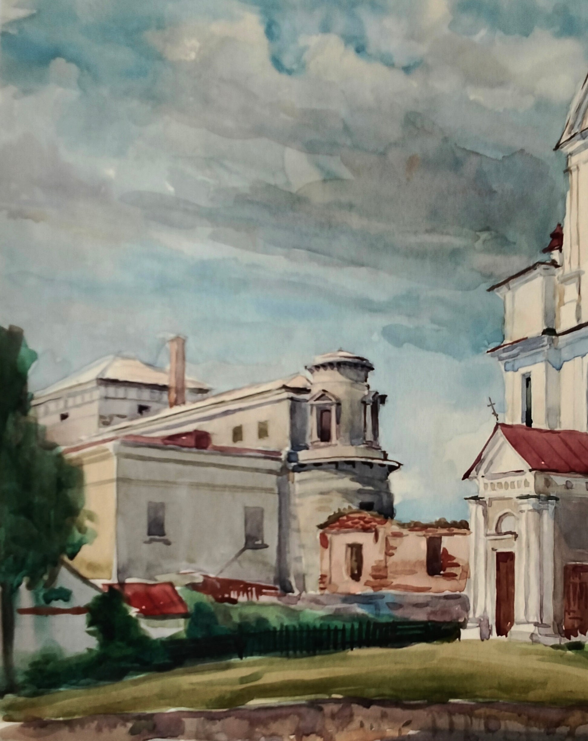 Watercolor painting Memory of Stone and Prayer by Vitaly Duhnevich, historic European town