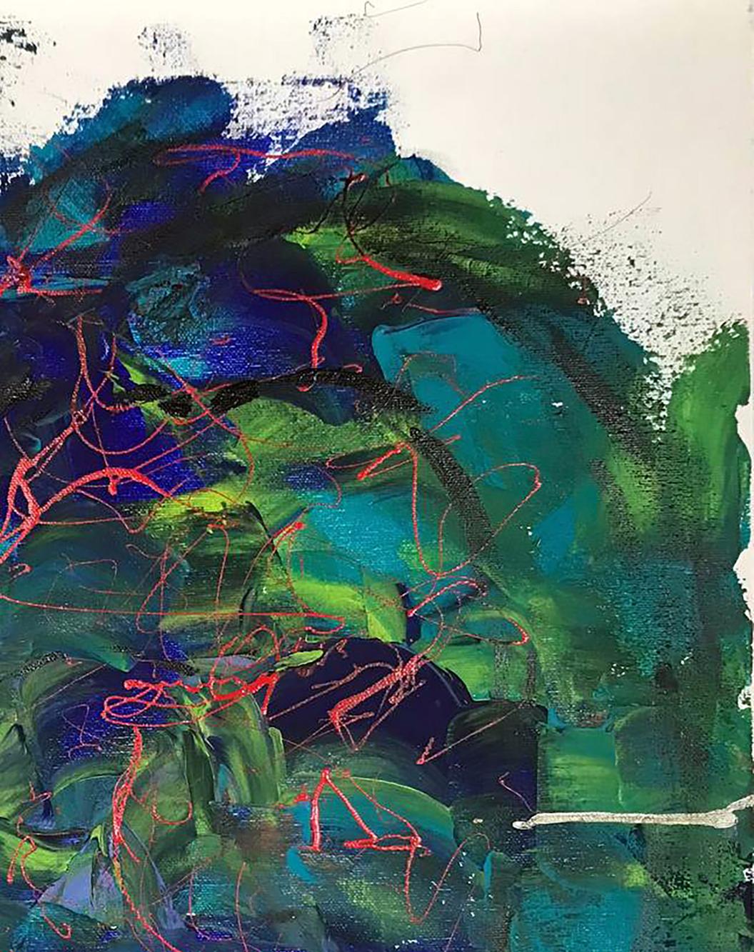 Acrylic Face painting by Olga Melezhik with green, teal, black and red strokes