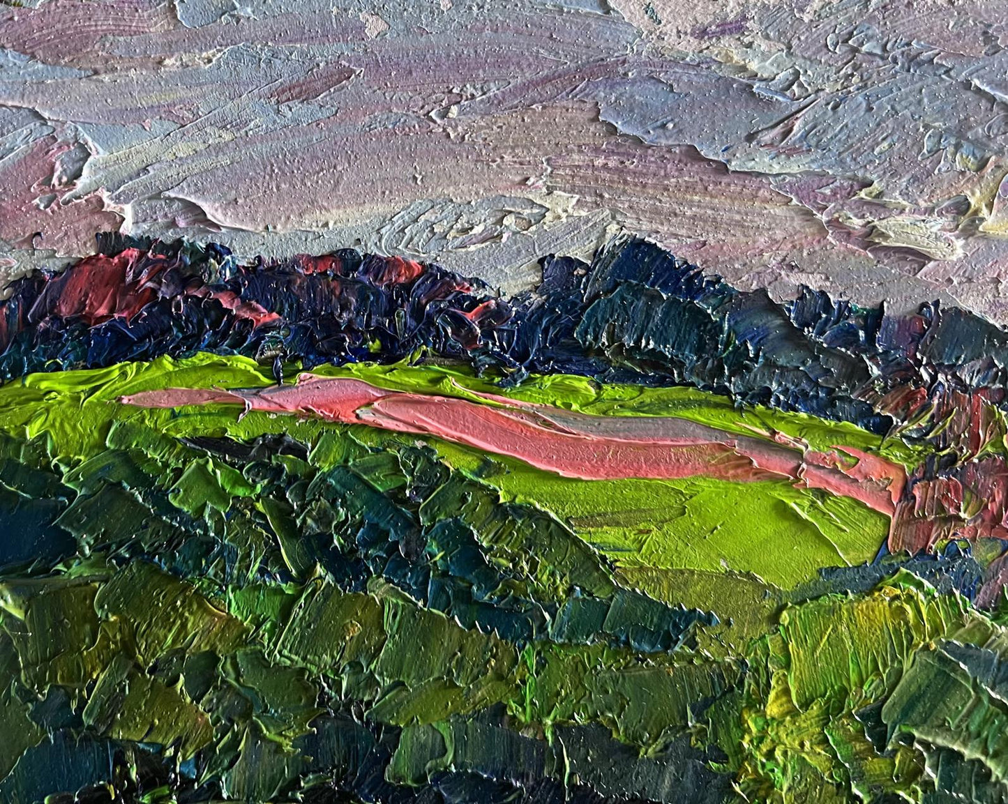Oil painting of summer meadows by Boris Serdyuk textured green hills pink path mountains