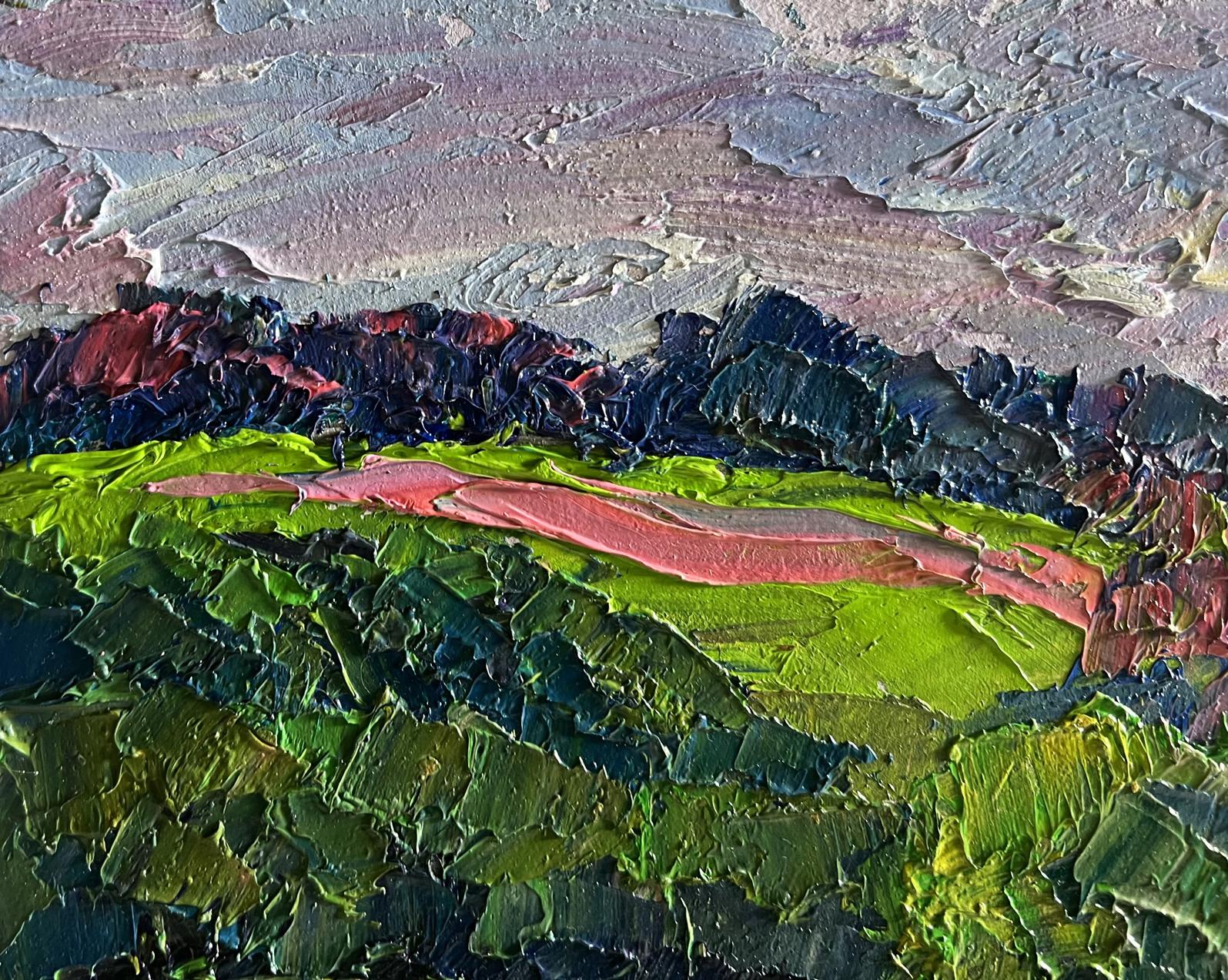 Oil painting of summer meadows by Boris Serdyuk textured green hills pink path mountains