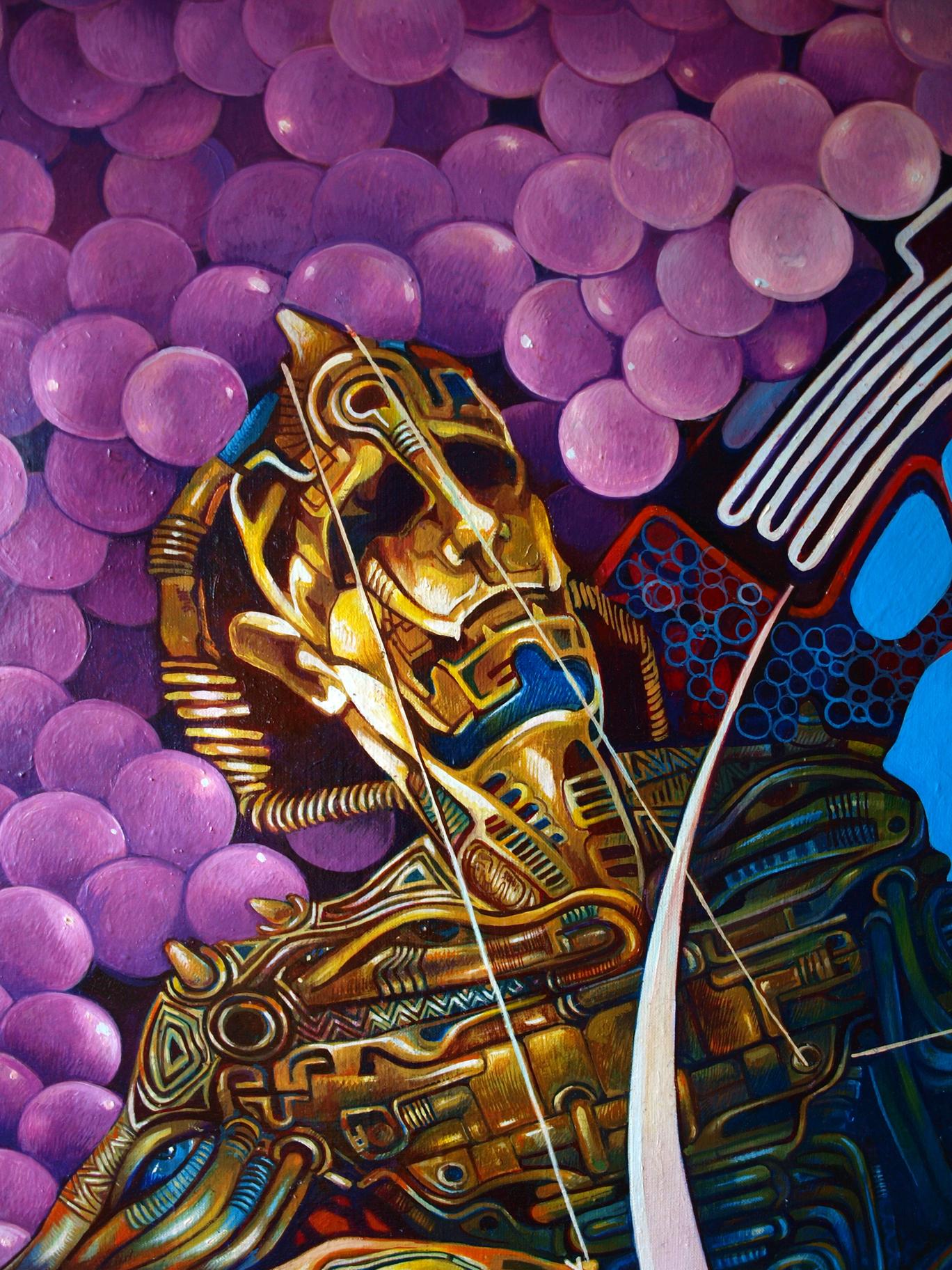 Golden mask with blue accents in Brahmajyoti oil painting by Konsta G. Amelinn