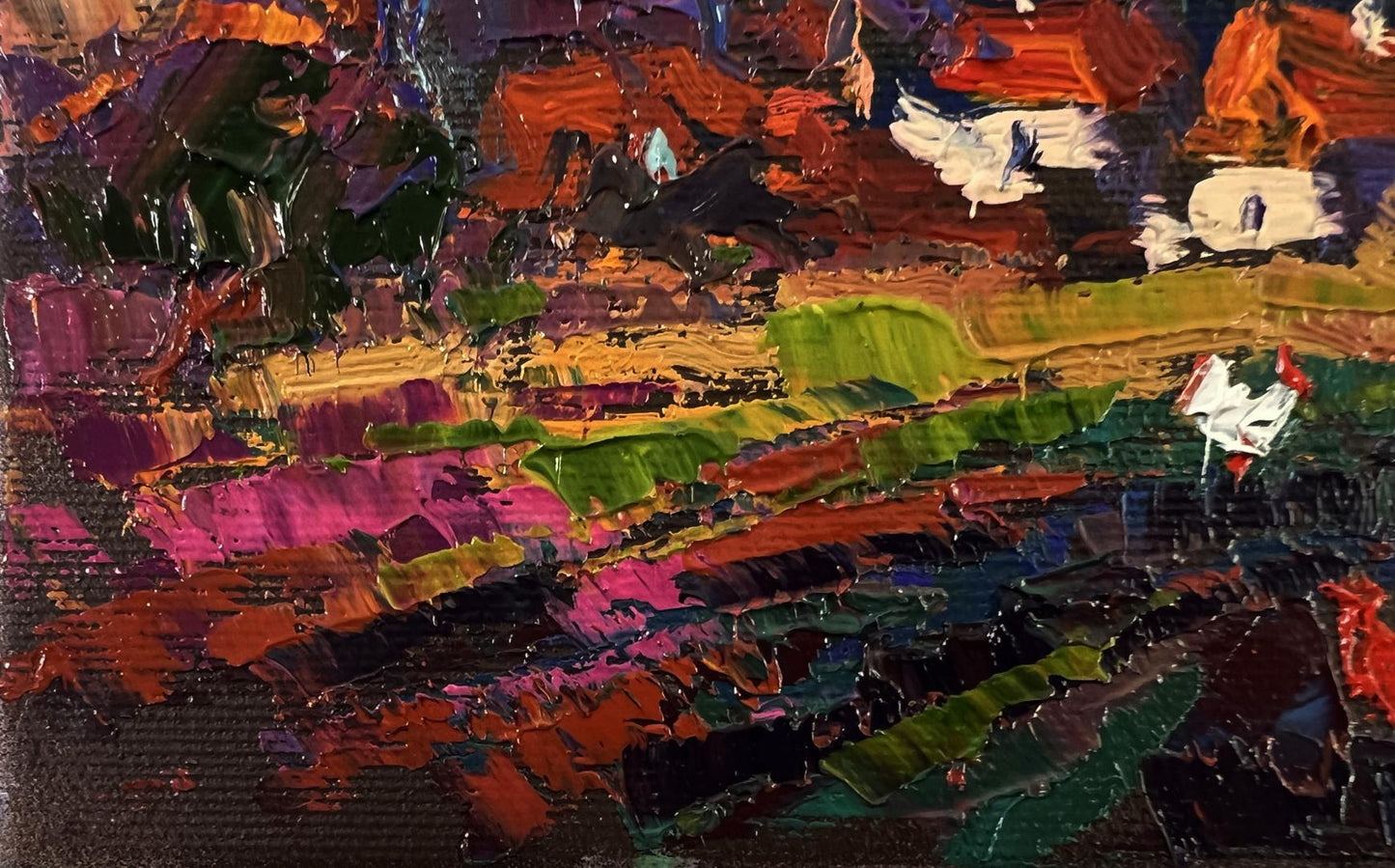 Vibrant Evening Village oil painting by Oksana Ivanyuk in bold green, pink hues