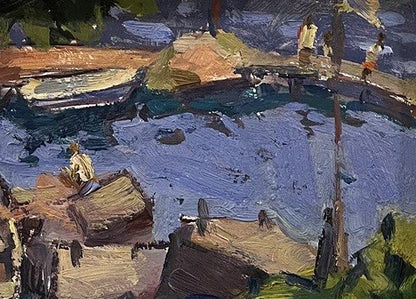 Oil painting City pier by Oleksandr Andreev, textured waterfront scene