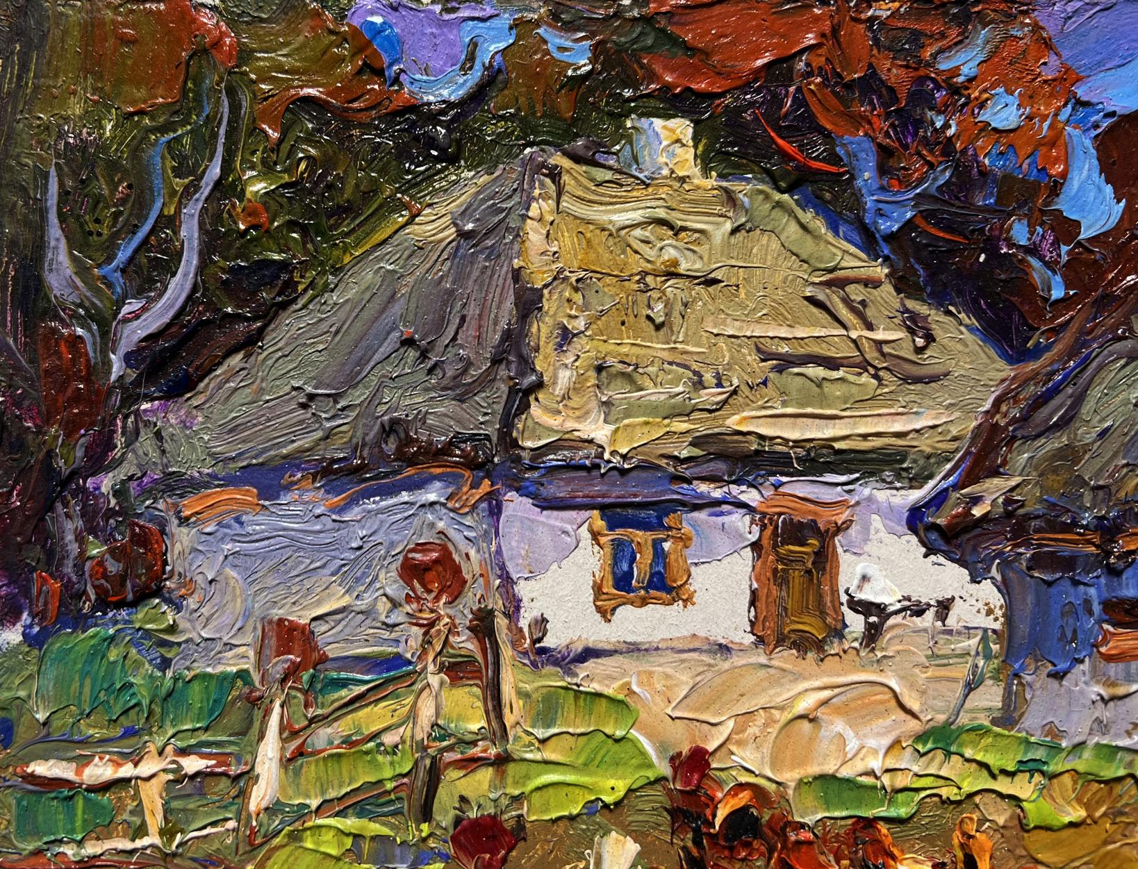 Oil painting by Oksana Ivanyuk: chickens in yard of rustic thatched cottage