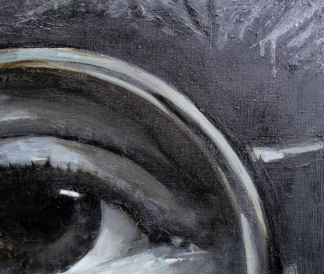 Close-up of John Ed Potapenkov oil painting expressive eye with silver highlights