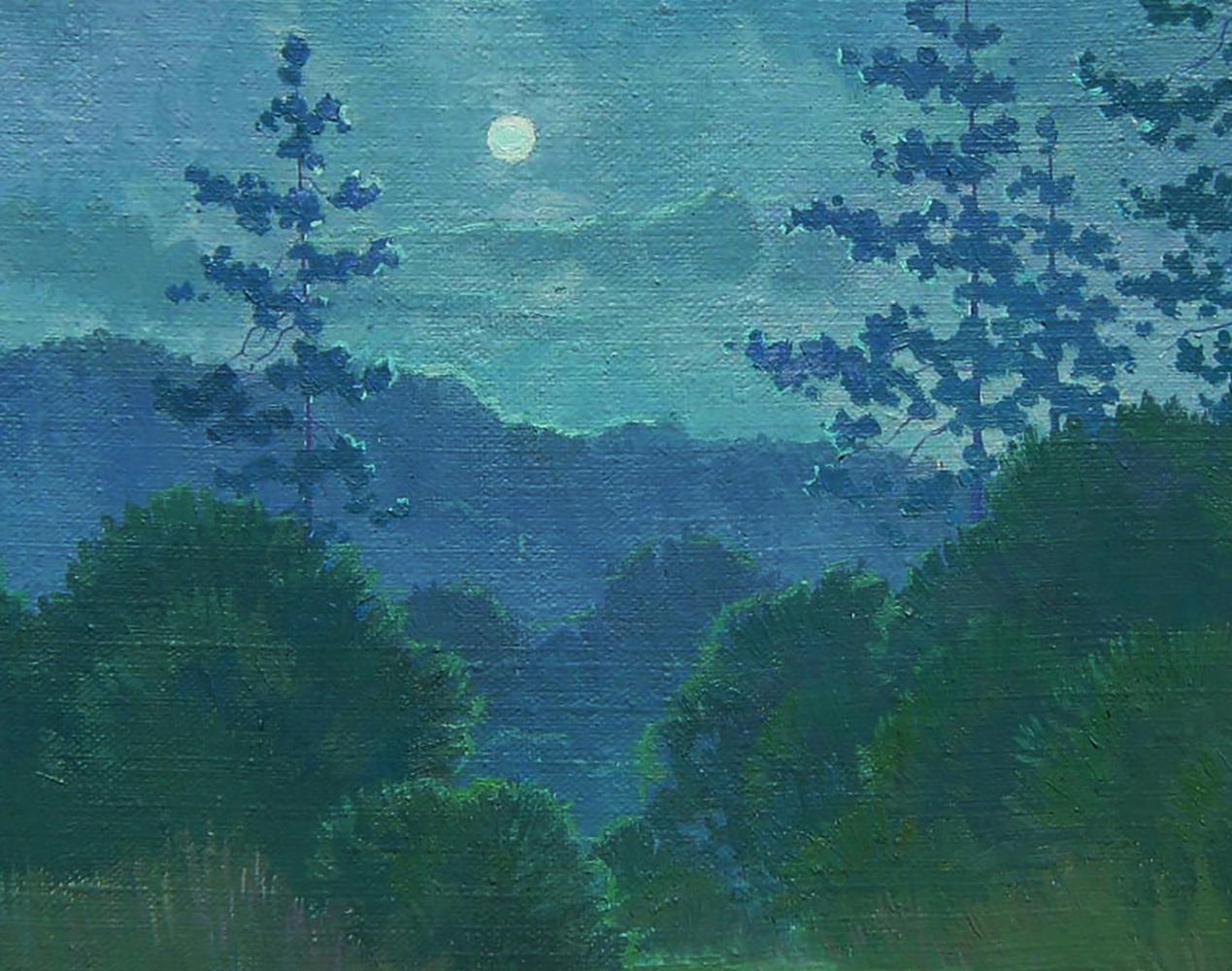 Oil painting Moonlit Night by Valery Savenets: luminous full moon over hills