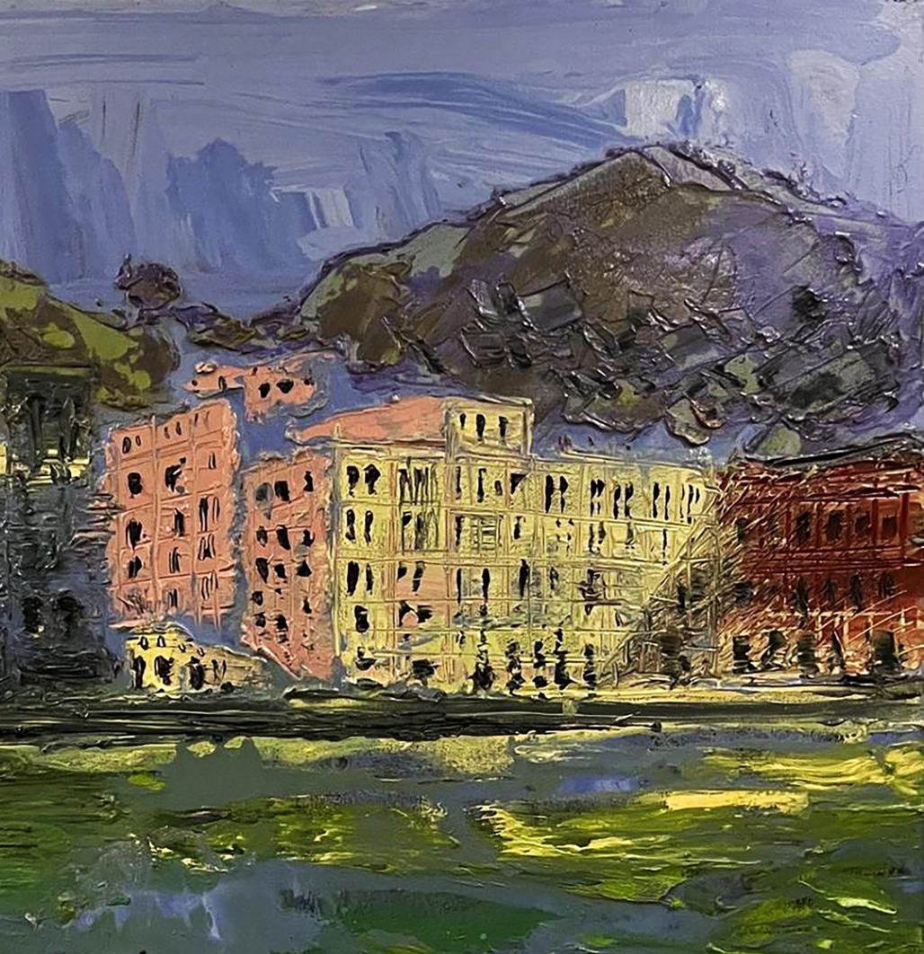 Vibrant impressionist oil painting by Serhiy Kovalev of colorful waterfront buildings